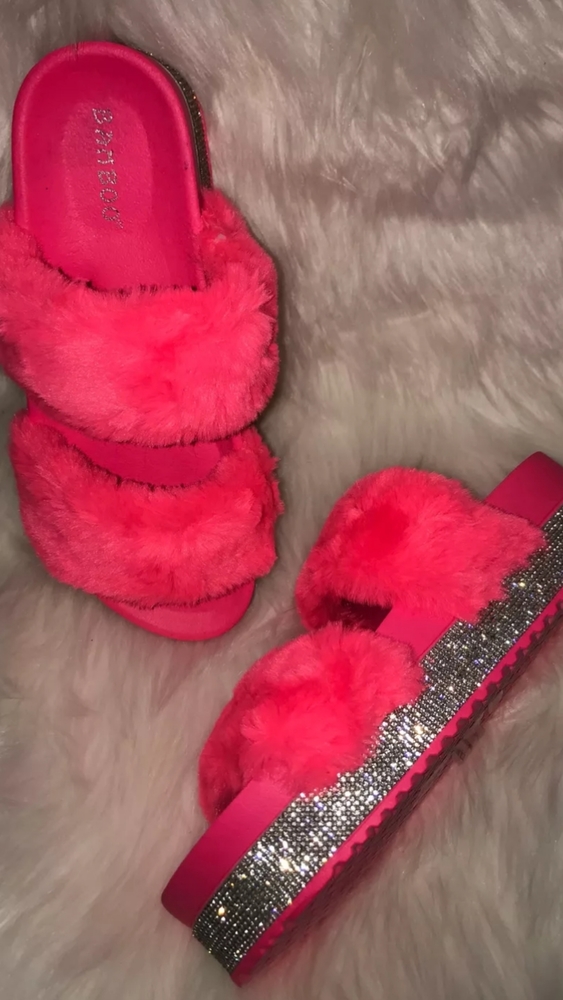 Hot pink double band rhinestone fur slides
